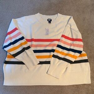 Lands' End Women's Crewneck Sweater - White with Multicolor Stripes